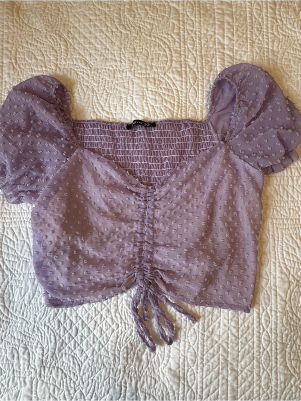 Boohoo Lavender Ruched Swiss Dot Crop Top
